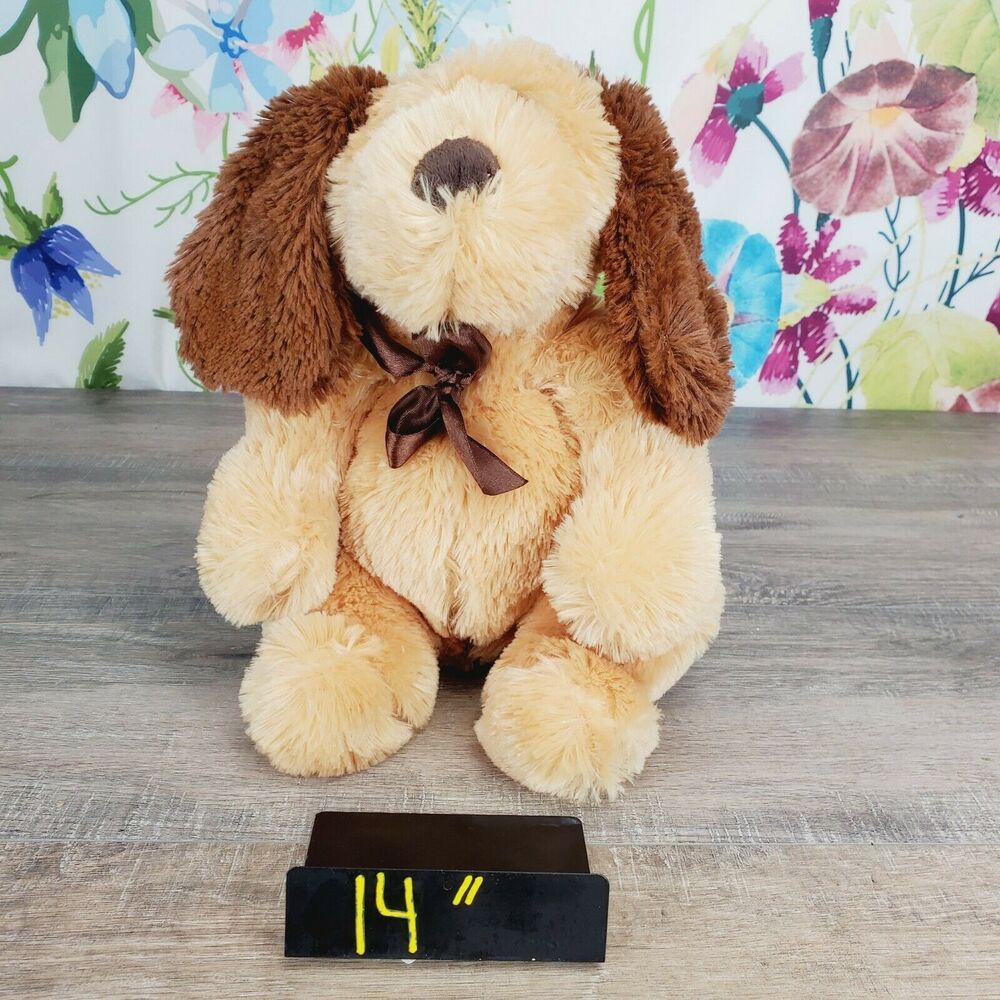 Calplush Brown Dog Plush 14" Brown bow Tie Floppy Ears Stuffed Animal Soft Toy